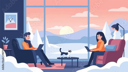 Couple working on laptops indoors, watching a snowy sunset scene with a cat nearby