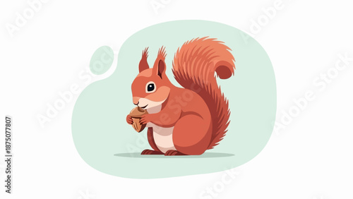An adorable reddish-brown cartoon squirrel sits on a light green abstract shape, holding an acorn