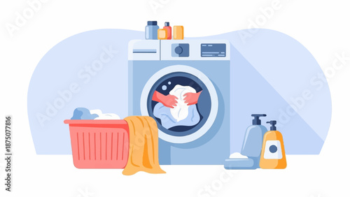 An illustration of laundry day with hands loading clothes into a washing machine, next to a basket and detergents
