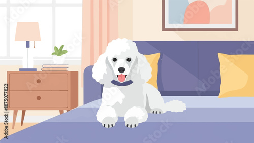 An adorable white poodle dog sits comfortably on a cozy purple bed in a bright, modern room