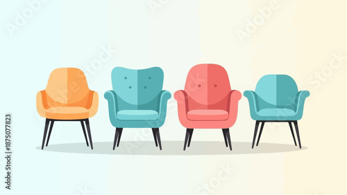 Four colorful, modern upholstered chairs in flat design style against a gradient background