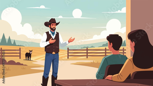 Cowboy-hatted man talks to a couple at a table outdoors, with a bull and fields under a cloudy sky