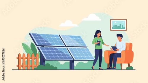 An illustration of people discussing renewable energy near solar panels, surrounded by greenery