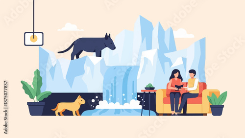 An illustration of people reading on a couch, with animals and a waterfall amidst icebergs