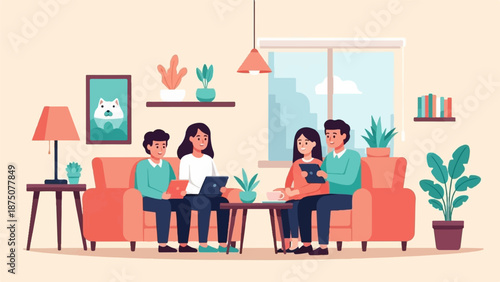 Four friends collaborate on laptops/tablets in a cozy living room, surrounded by plants and minimalist decor