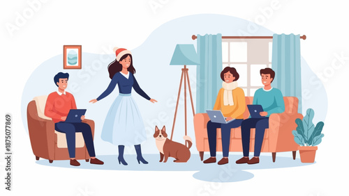 Four people and a dog enjoying a cozy indoor space, two working on laptops, one chatting