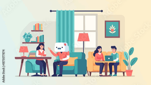 Four individuals, one with a unique animal head, collaborating in a colorful, cozy office or living room space