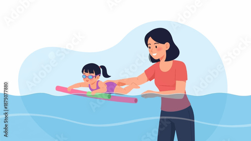 An adult helps a young child learn to swim with a kickboard in a pool on a sunny day