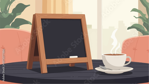 Cozy cafe interior with a blank chalkboard, steaming coffee cup, dark table, chairs, and lush plants