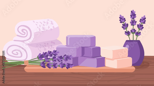 An illustration of spa elements rolled towels, lavender flowers, and bars of soap on a wooden board