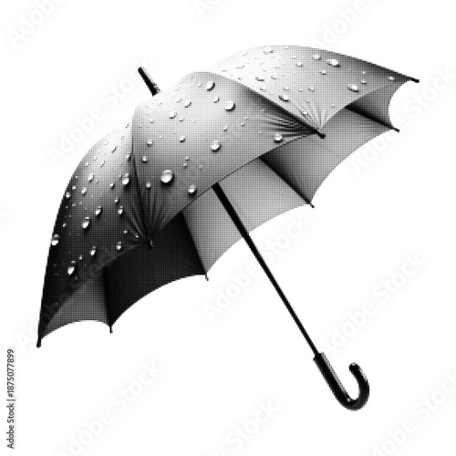 Black and white halftone illustration of an open umbrella with raindrops, symbolizing protection, safety, insurance, weather, rain, security, support, and shelter concept on white background.