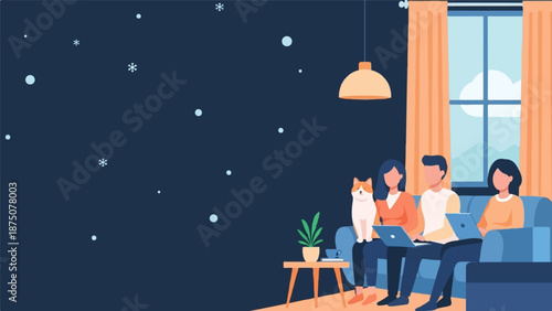 Cozy indoor scene three people and a cat on a couch, using laptops, with snow falling outside