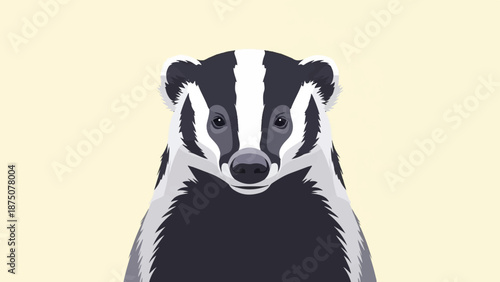 Front-facing flat illustration of a badger's head and upper body with characteristic black and white stripes
