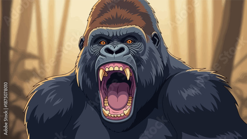 Front-facing illustration of a silverback gorilla roaring intensely, mouth open, teeth visible, wild