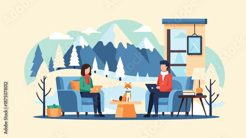 Cozy indoor scene two people work on laptops with a fox, mountains and trees visible through a large window