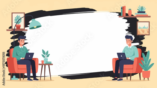An illustration of two men working remotely on laptops in a cozy, plant-filled home office setting with a blank frame