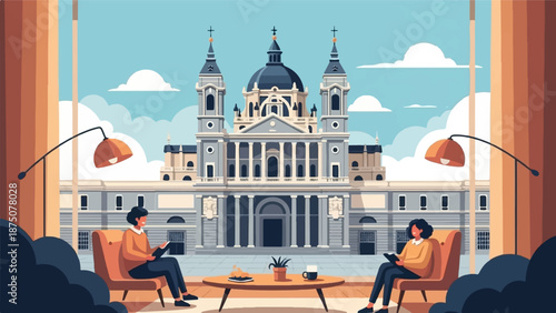 Cozy indoor scene with two people reading, overlooking a grand cathedral under a blue sky