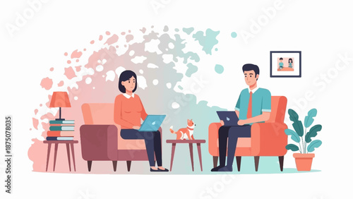 An illustration of two people, a woman and a man, working from home on their laptops, with a cat, books, and a plant