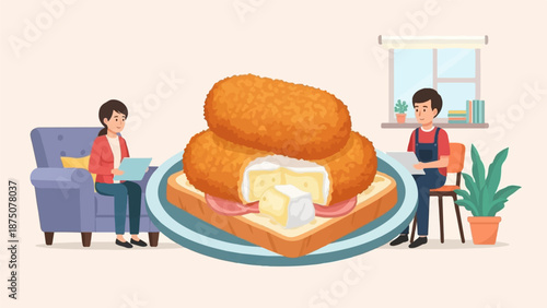 Giant fried croquettes with cheese on toast, observed by a woman on a couch and a man at a table