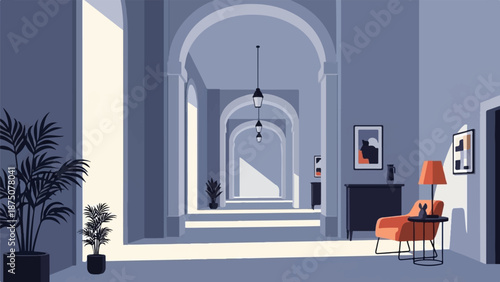 An atmospheric pixel art hallway with receding arches, natural light, potted plants, and minimalist decor