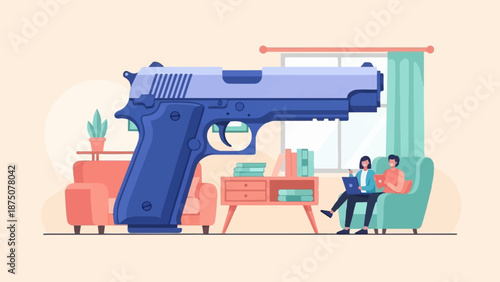 Giant gun inside a peaceful living room with two people relaxing, illustrating an underlying threat