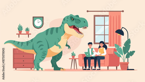Giant dinosaur inside a cozy living room with two people sitting on a sofa, one using a laptop