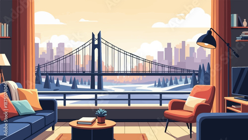Cozy living room interior with a large window overlooking a pixelated city skyline and a suspension bridge