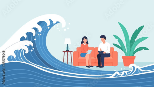 Giant wave looms over two people calmly reading on a couch, symbolizing resilience amidst challenges