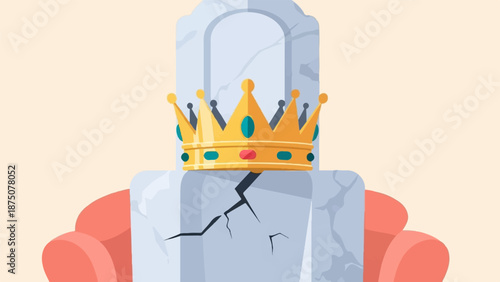 Golden crown with colorful gems on a cracked grey stone throne, flanked by pink armrests, minimalist illustration