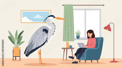 Giant heron stands next to a woman working on a laptop in a cozy, minimalist room with houseplants