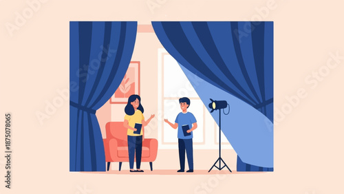 An illustration of two people acting in a studio setting with blue curtains, a spotlight, and a sofa