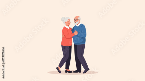 An elderly couple, a man and a woman, happily dancing together, holding hands and embracing with smiles