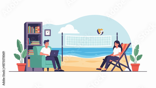 An illustration of two people a man working on laptop indoors, and a woman relaxing on a beach