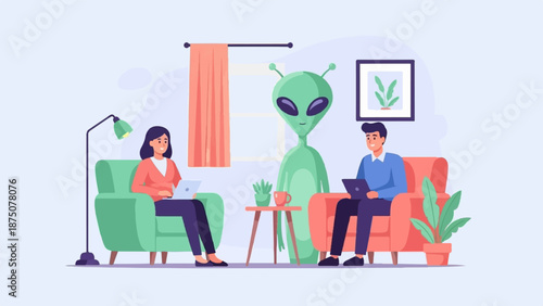 An illustration of two people and an alien working on laptops in a cozy living room setting