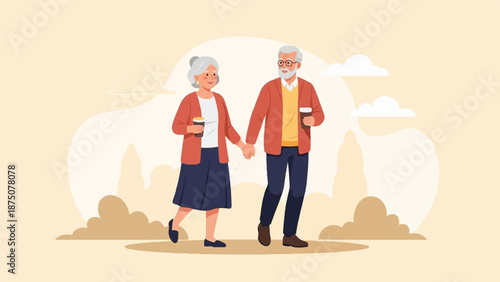 An elderly couple, hand in hand, walks outdoors, holding coffee cups against a warm, simple background