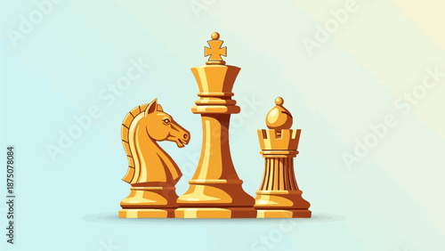 Golden pixel art chess pieces (knight, king, rook) standing together against a soft gradient background