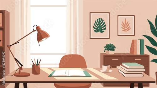 Cozy, minimalist home office illustration with a desk, lamp, open book, plants, and warm light