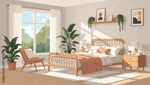 Cozy, sunlit bedroom with a rattan bed, potted plants, modern chair, and abstract art, offering a serene view