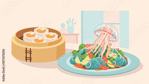 An illustration showing a bamboo dim sum steamer basket with buns and a colorful seafood jellyfish salad plate