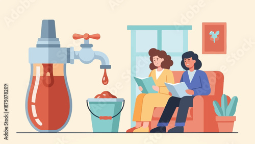An illustration of two women reading on a sofa while a tap drips into a bucket, symbolizing resource depletion