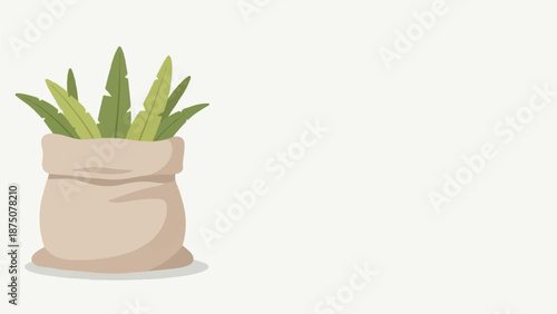 An illustration of vibrant green leafy plants in a rustic burlap sack on a plain white background