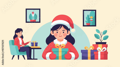 An illustration of two women in a festive setting, one in a Santa hat with a gift, surrounded by presents and plants