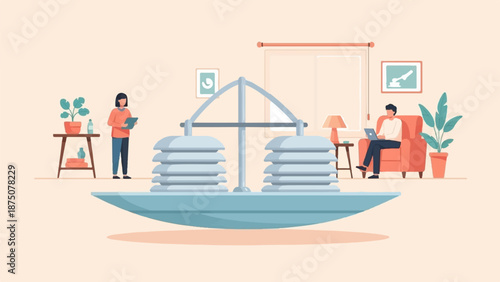 An illustration showing a woman and a man working in a modern room with a large, balanced scale-like structure