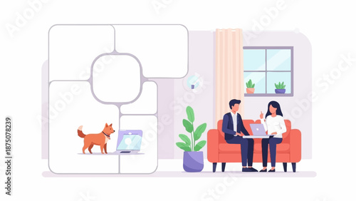 An illustration showing two people on a sofa with laptops and a dog beside another laptop in a grid display