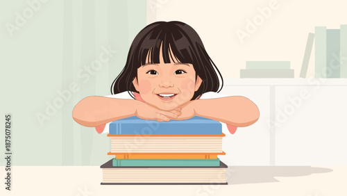 Happy Asian girl with a bob haircut rests her chin on a stack of colorful books, smiling cheerfully