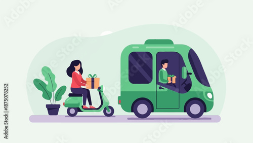 An illustration shows a woman on a scooter and a man in a delivery van, both with packages