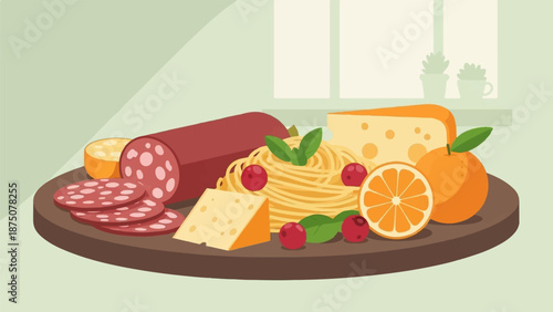An illustrative platter featuring salami, pasta, various cheeses, oranges, and cranberries on a wooden board
