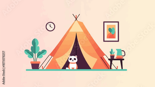 Cute cartoon animal peeking from an orange tent, surrounded by minimalist plants and a framed picture