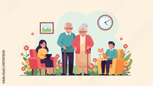 Happy family generations with an elderly couple, two young adults, and a dog in a cozy home setting