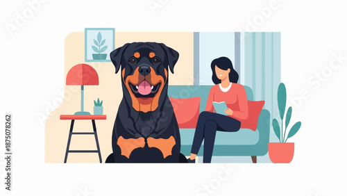 Happy Rottweiler dog in foreground, woman reading a book on a sofa in a cozy home setting